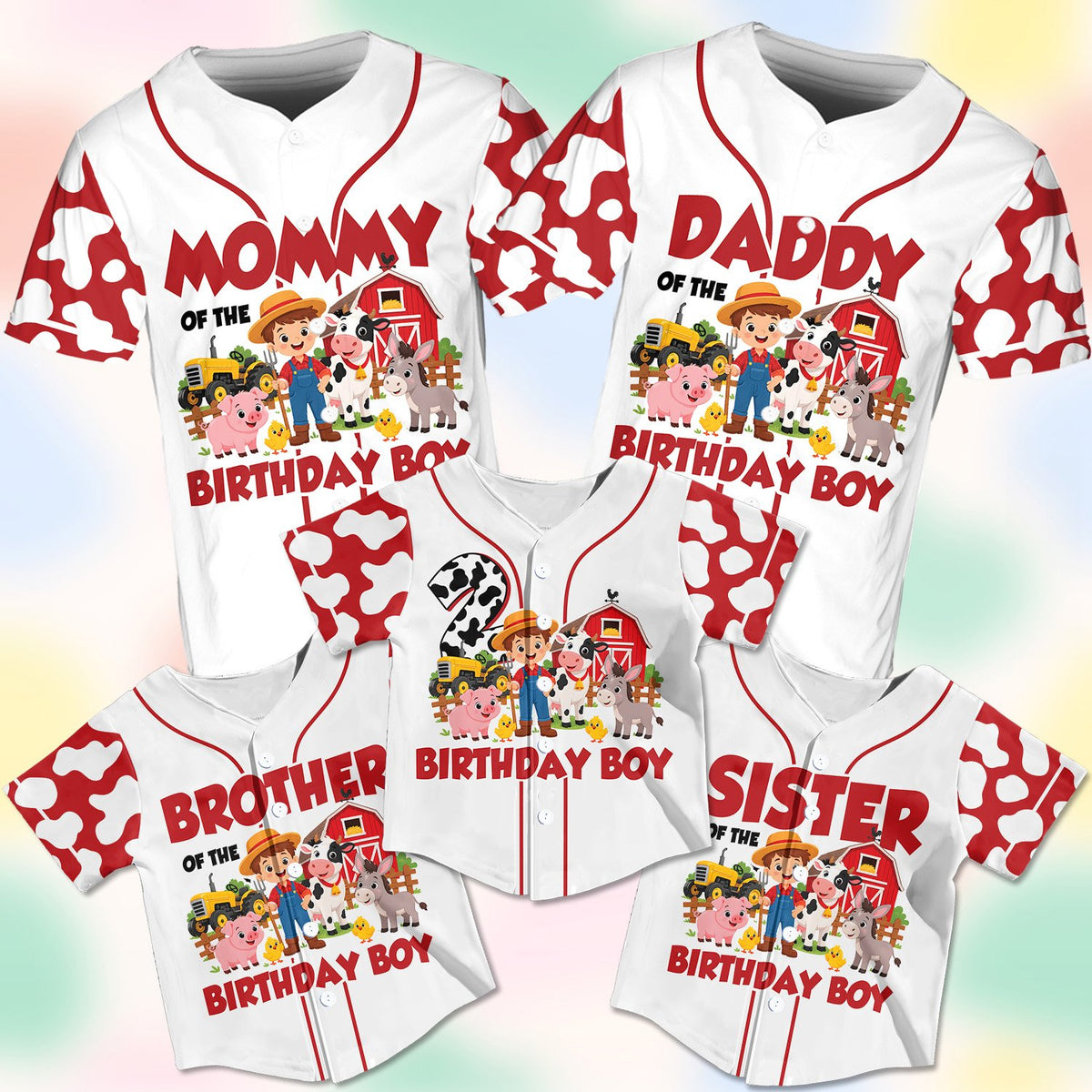Front view of the personalized farm baseball jersey highlighting the farmer boy design