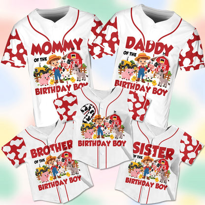 Front view of the personalized farm baseball jersey highlighting the farmer boy design