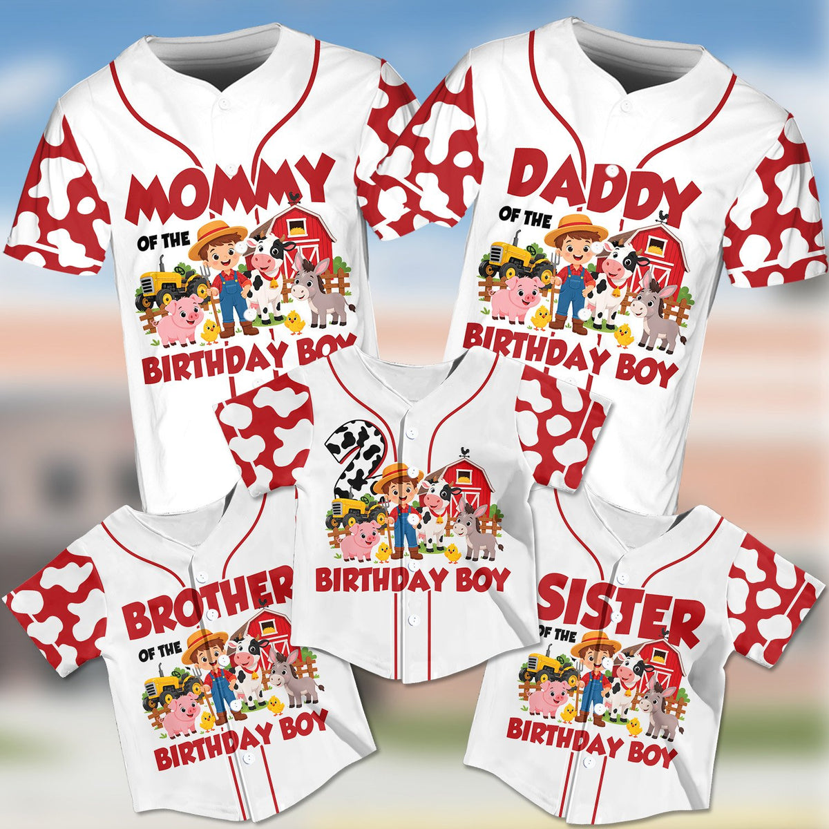 Front view of the custom name and number baseball jersey in farm theme