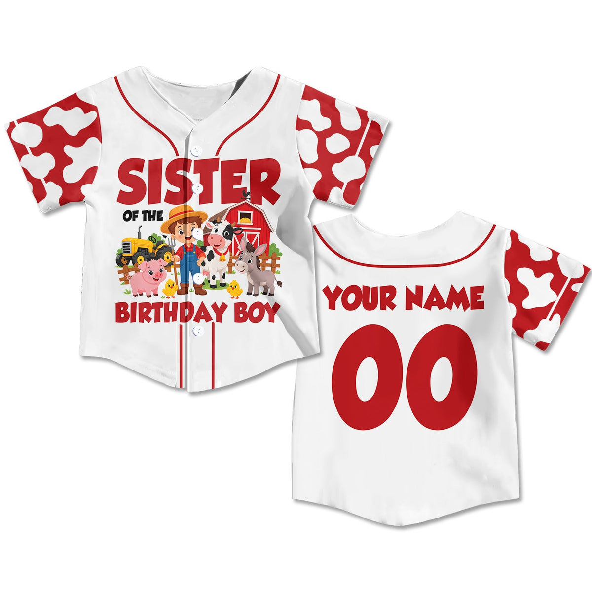 Front view of the personalized farm birthday baseball jersey with cow print sleeves