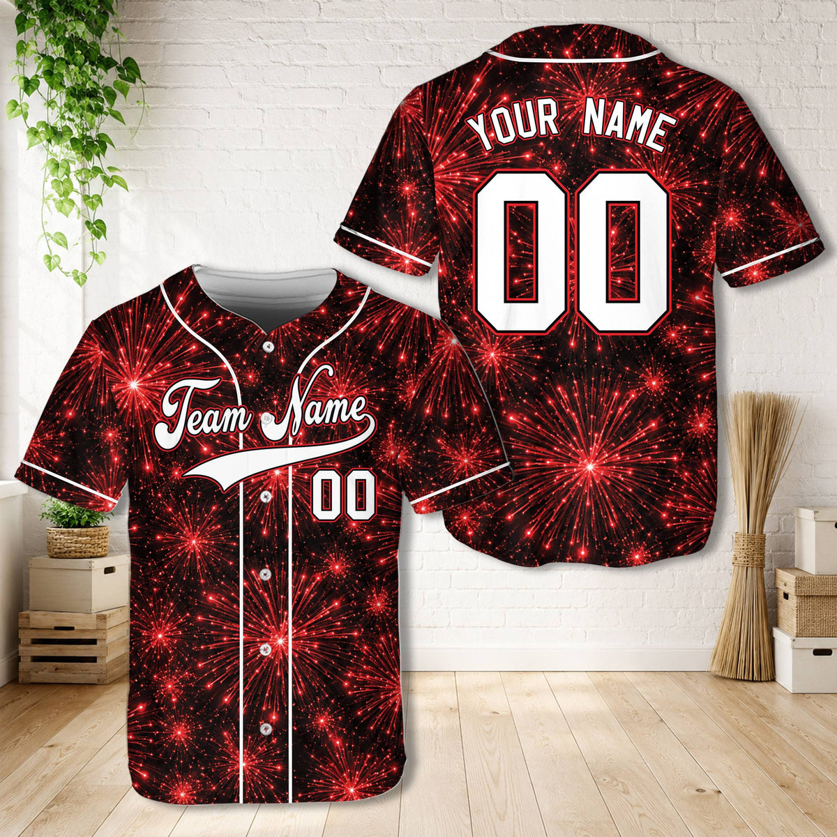 Black fireworks baseball jersey showing custom name and number on the back