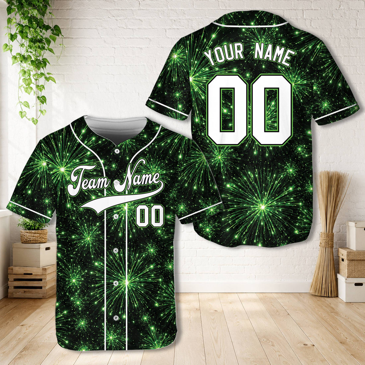 Green personalized baseball jersey with vibrant starburst pattern, front view