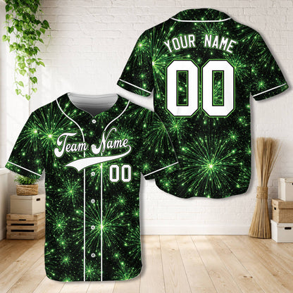 Green personalized baseball jersey with vibrant starburst pattern, front view