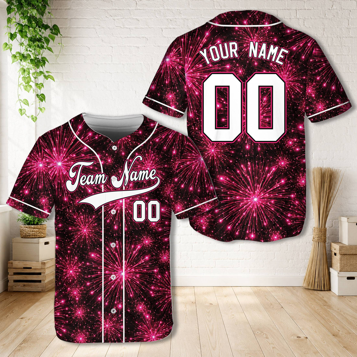 Second front view of the custom green fireworks baseball jersey