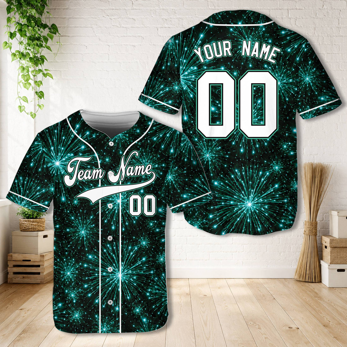 Teal abstract personalized baseball jersey, front view