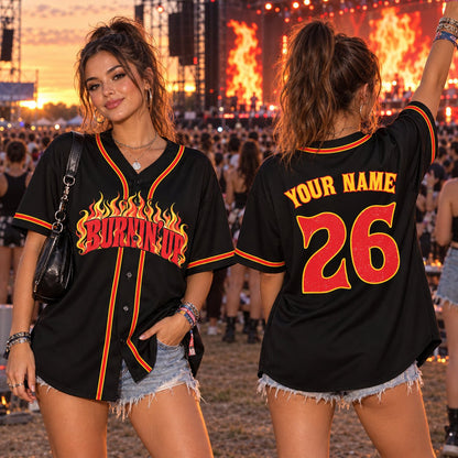 Main front view of the personalized black flame baseball jersey with custom name and number