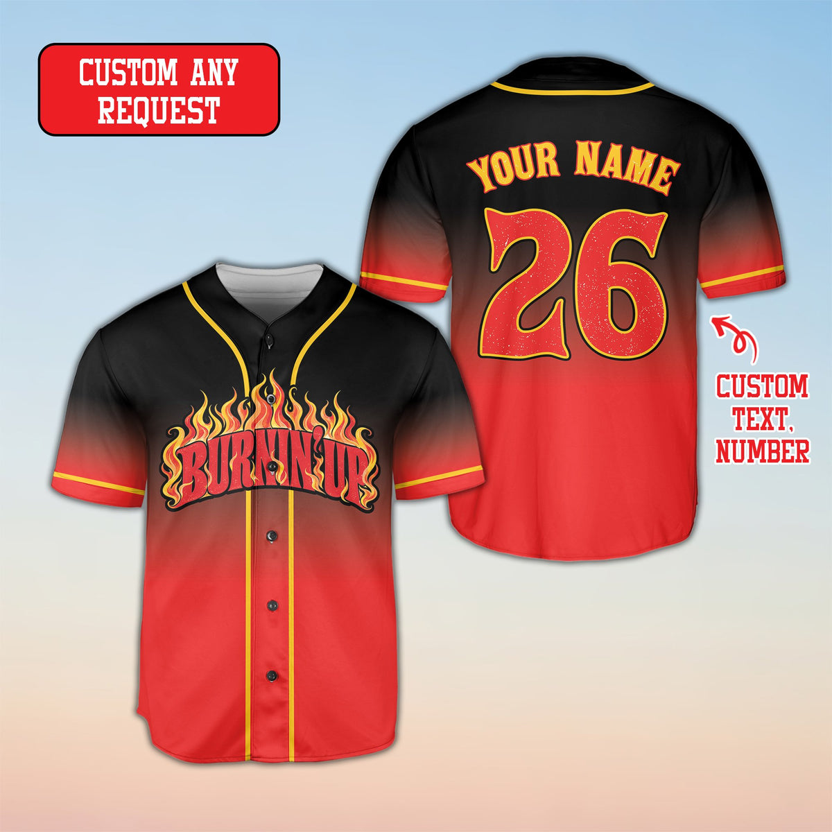 Front view showing the black flame design on the custom baseball jersey