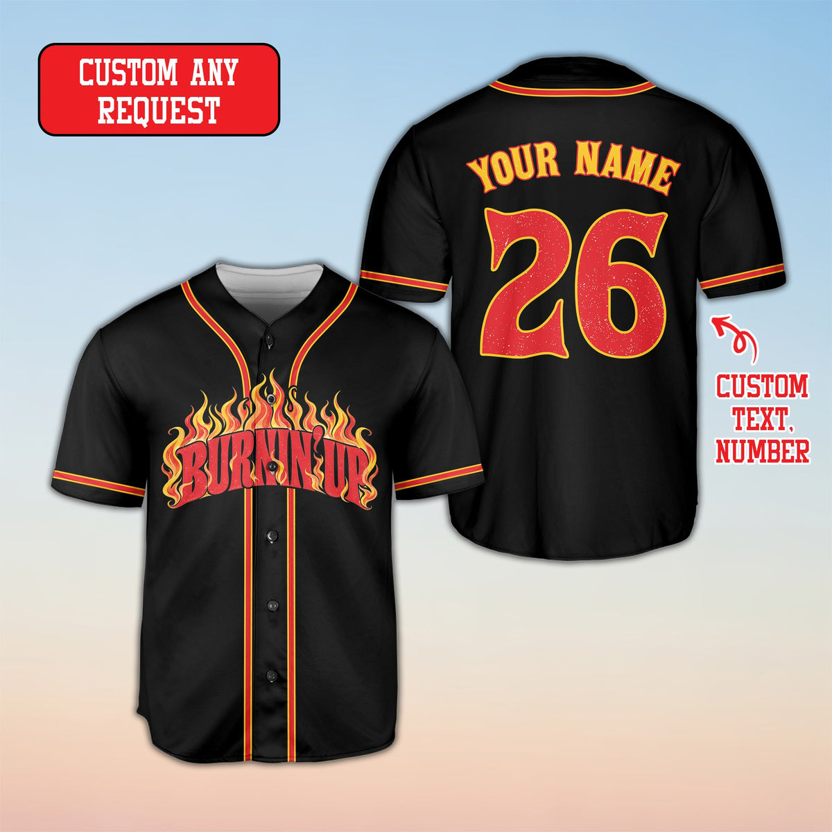 Front layout of the black flame baseball jersey
