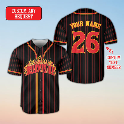 Another front view of the personalized black flame baseball jersey