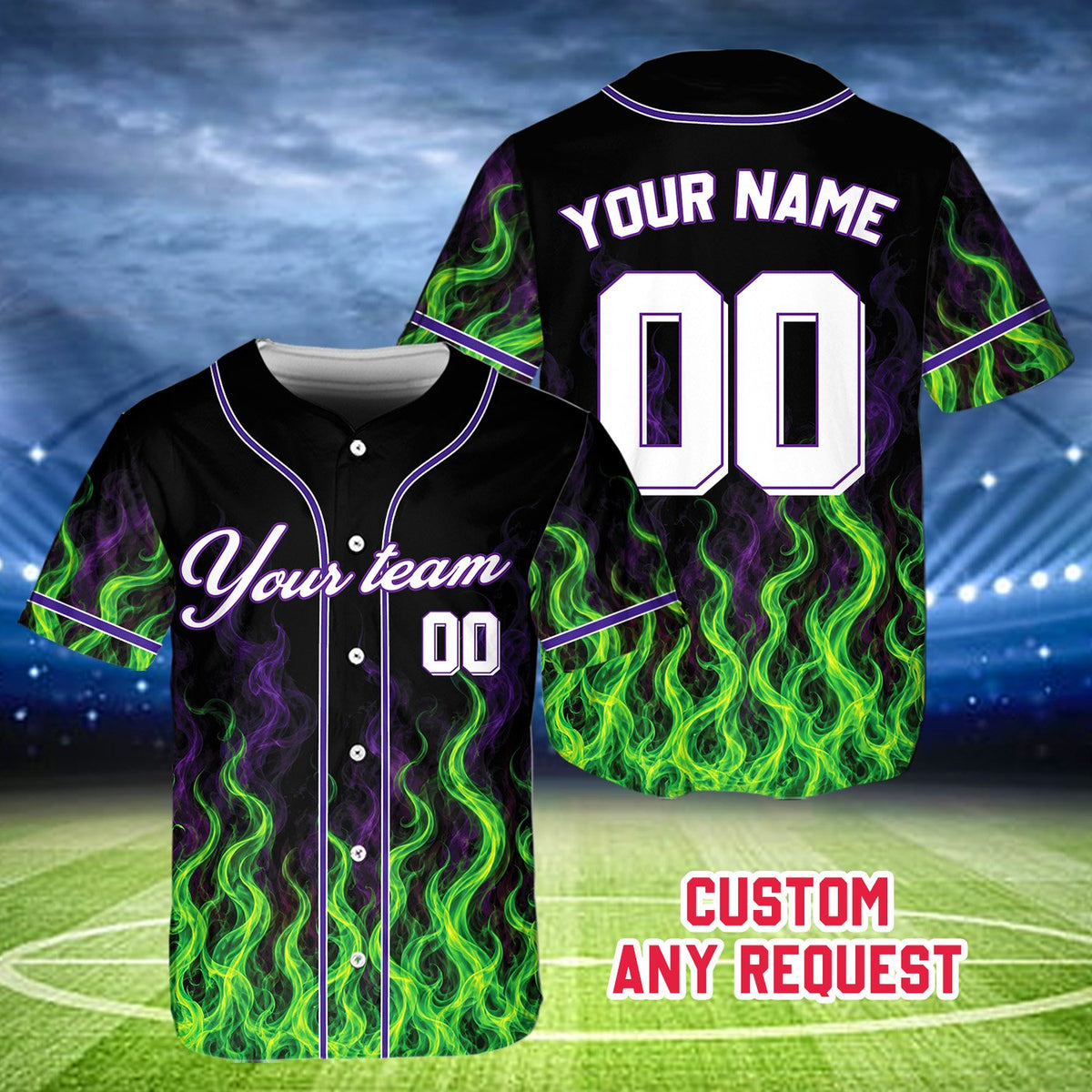 Personalized flame baseball jersey in black and green with custom name and number, main view