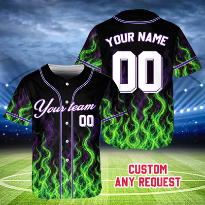 Personalized flame baseball jersey in black and green with custom name and number, main view