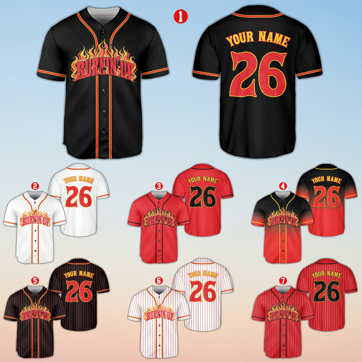 Front view of the personalized baseball jersey featuring a flame pattern