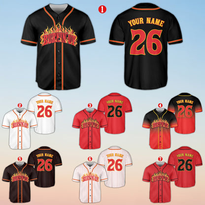Front view of the personalized baseball jersey featuring a flame pattern