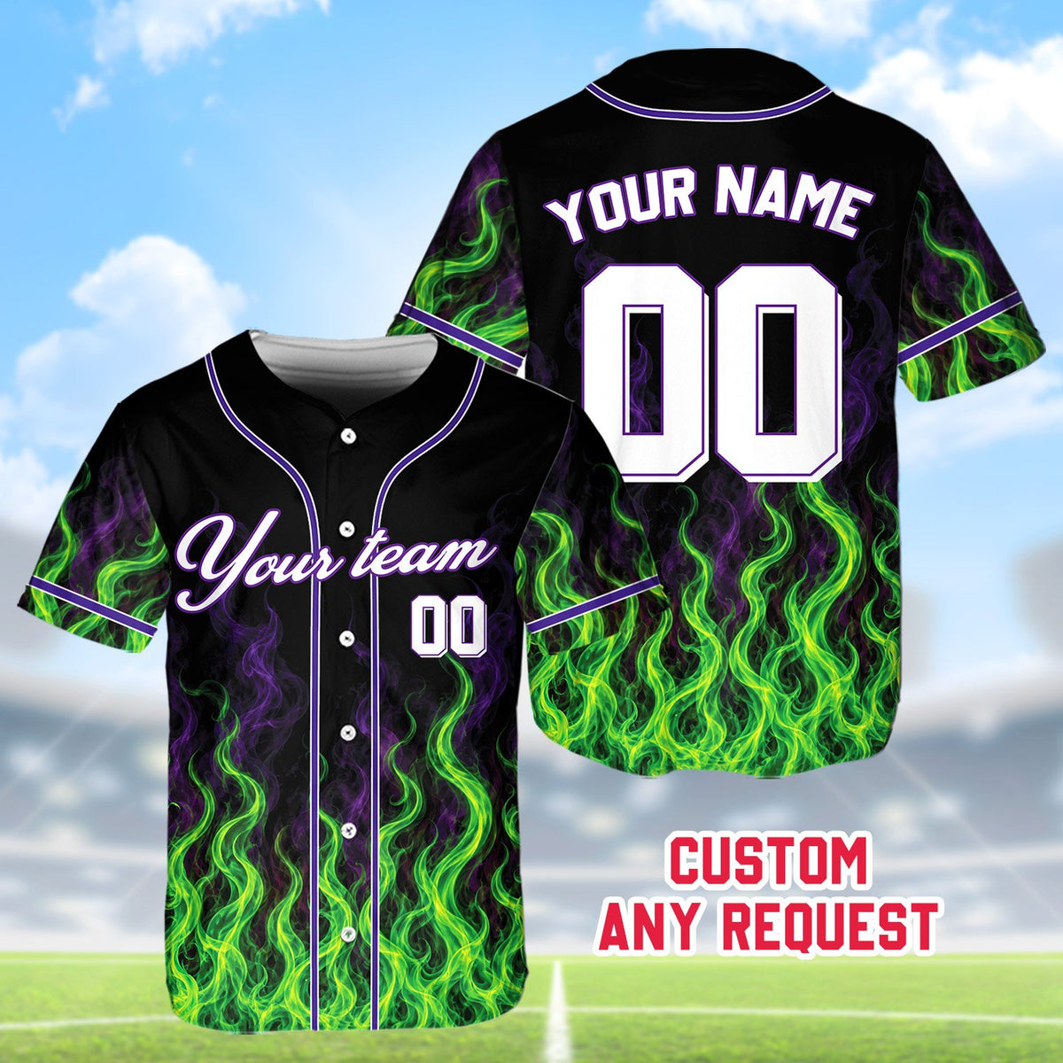 Personalized flame baseball jersey with purple accents, alternative front view 2