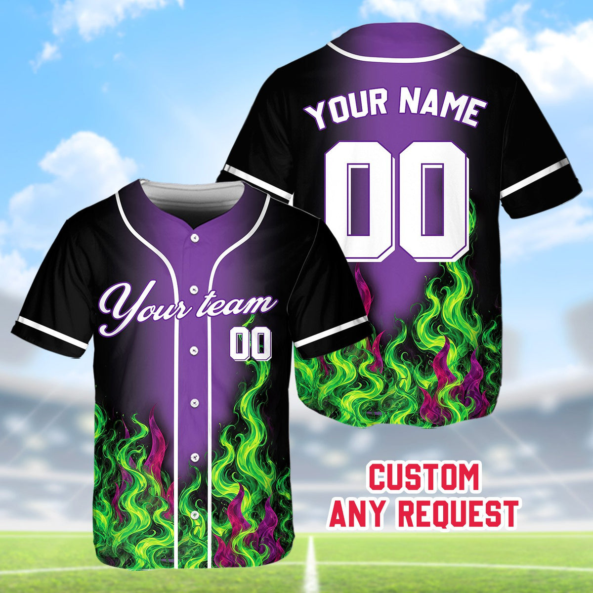 Personalized flame baseball jersey with purple accents, alternative front view 3