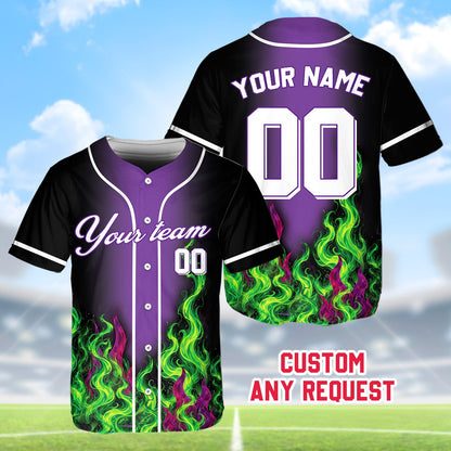 Personalized flame baseball jersey with purple accents, alternative front view 3