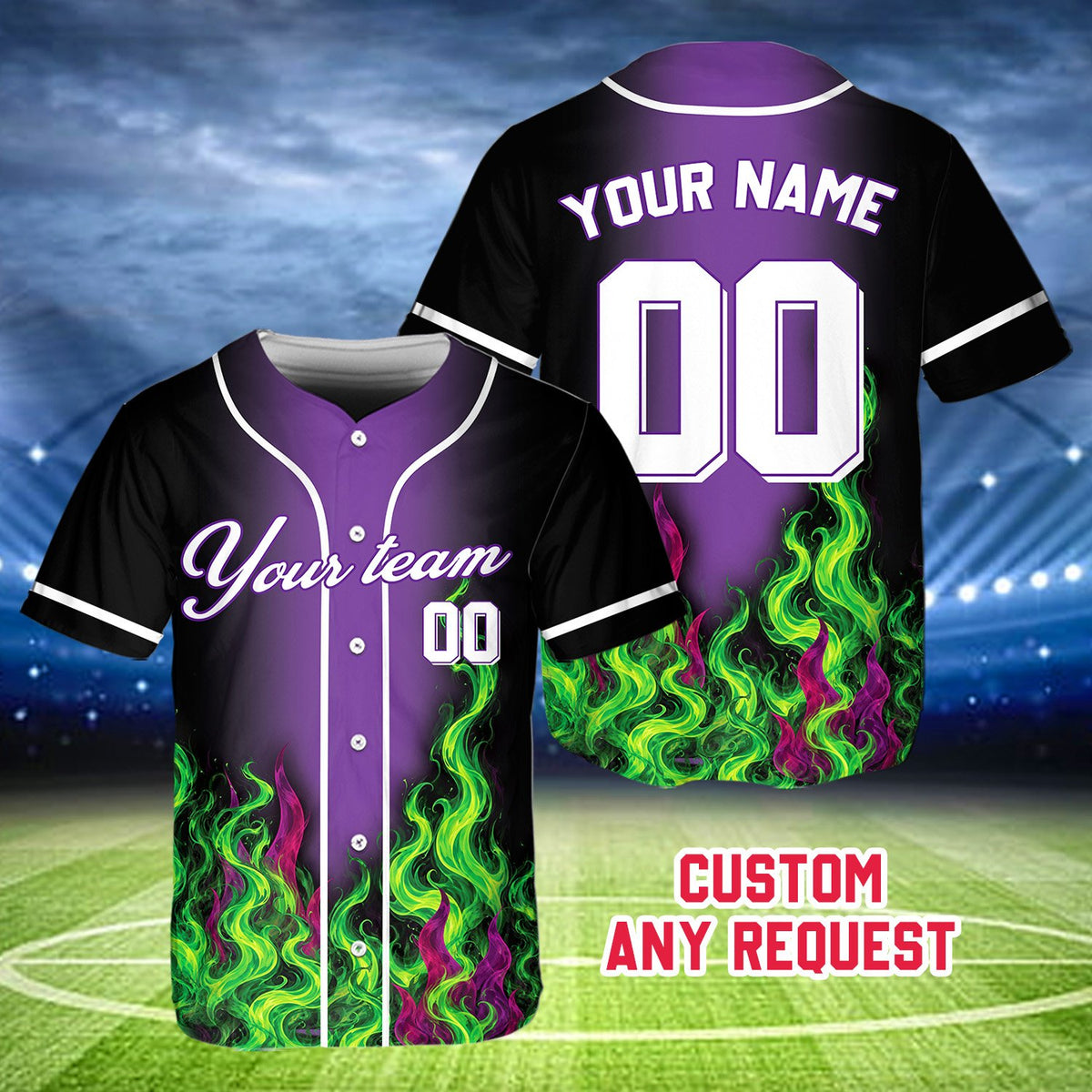 Personalized flame baseball jersey with purple accents, alternative front view 4