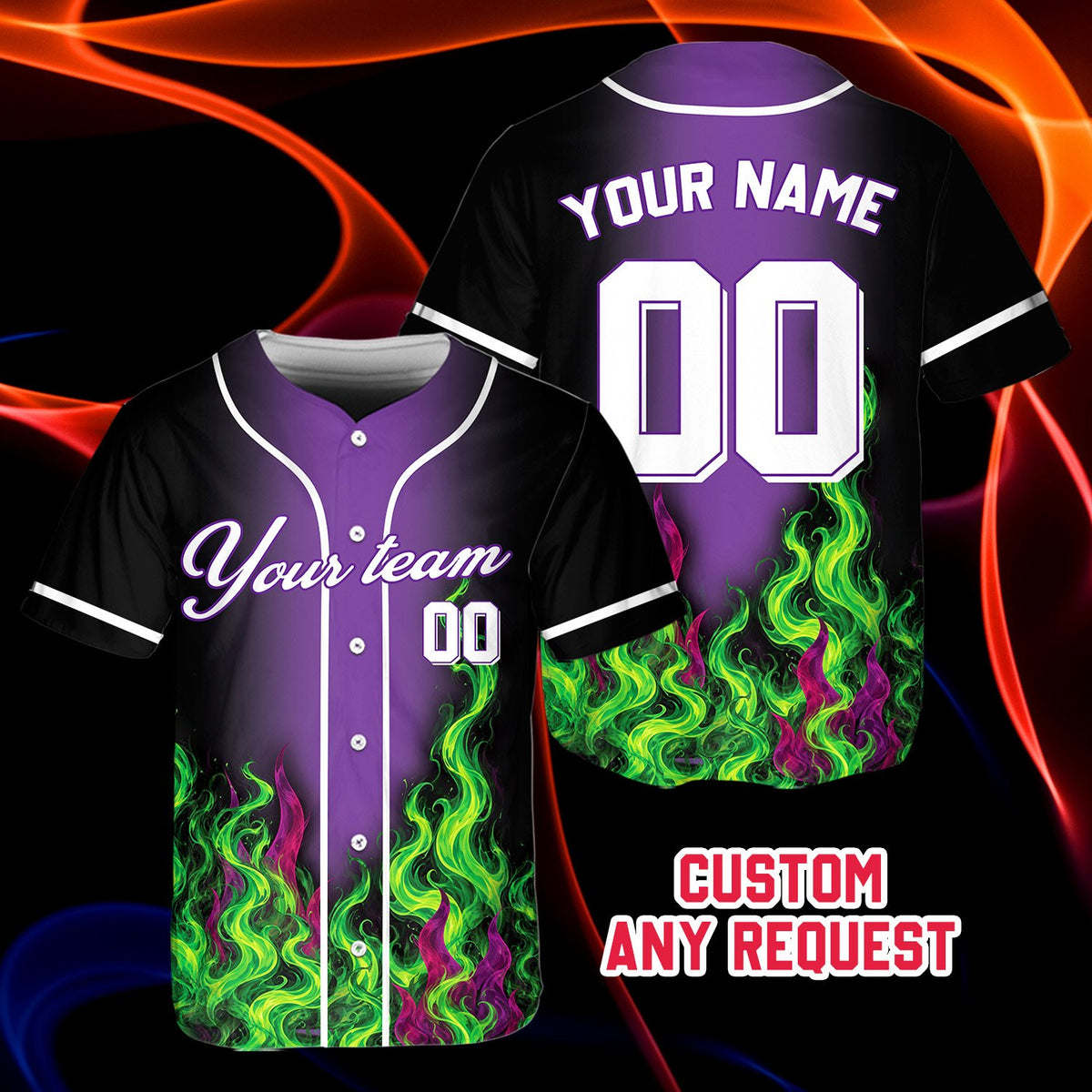 Personalized flame baseball jersey with purple accents, alternative front view 5