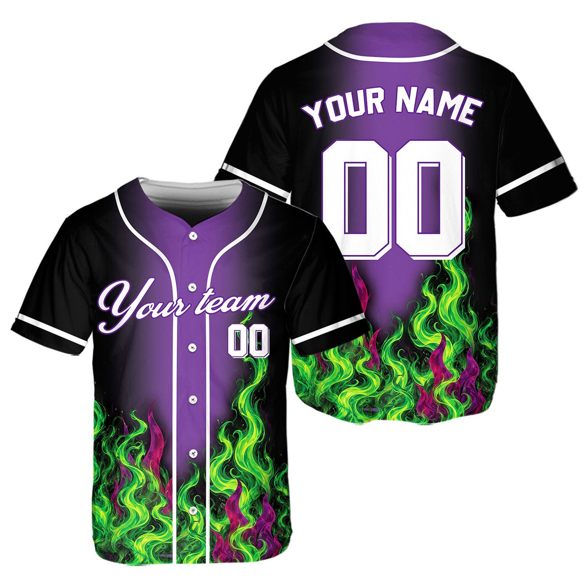 Personalized flame baseball jersey with purple accents, front view
