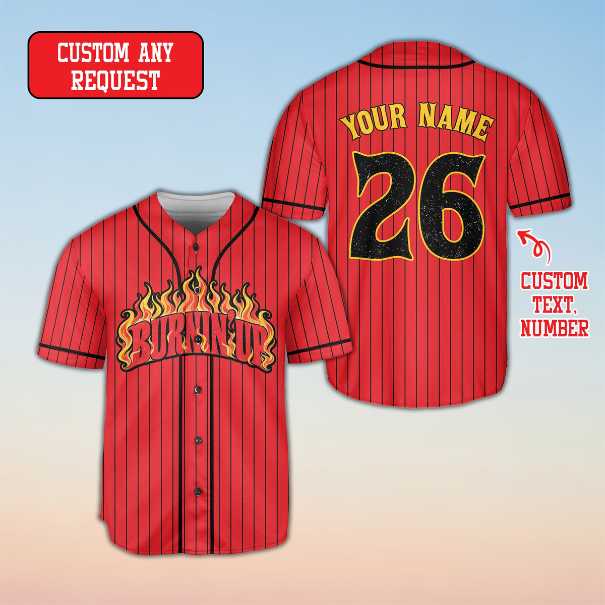 Front view of the red personalized baseball jersey featuring flame graphics
