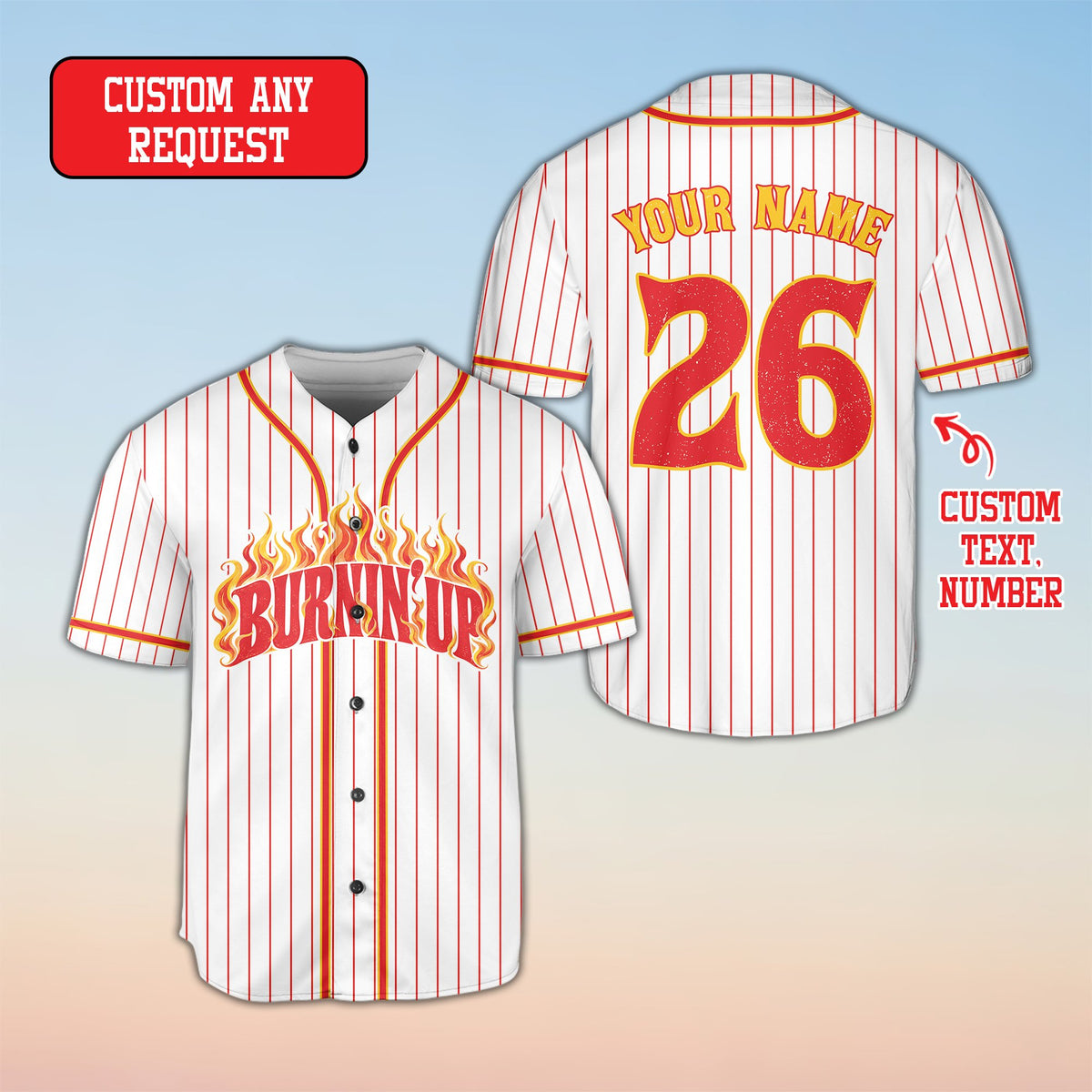 Front view of the white flame baseball jersey design