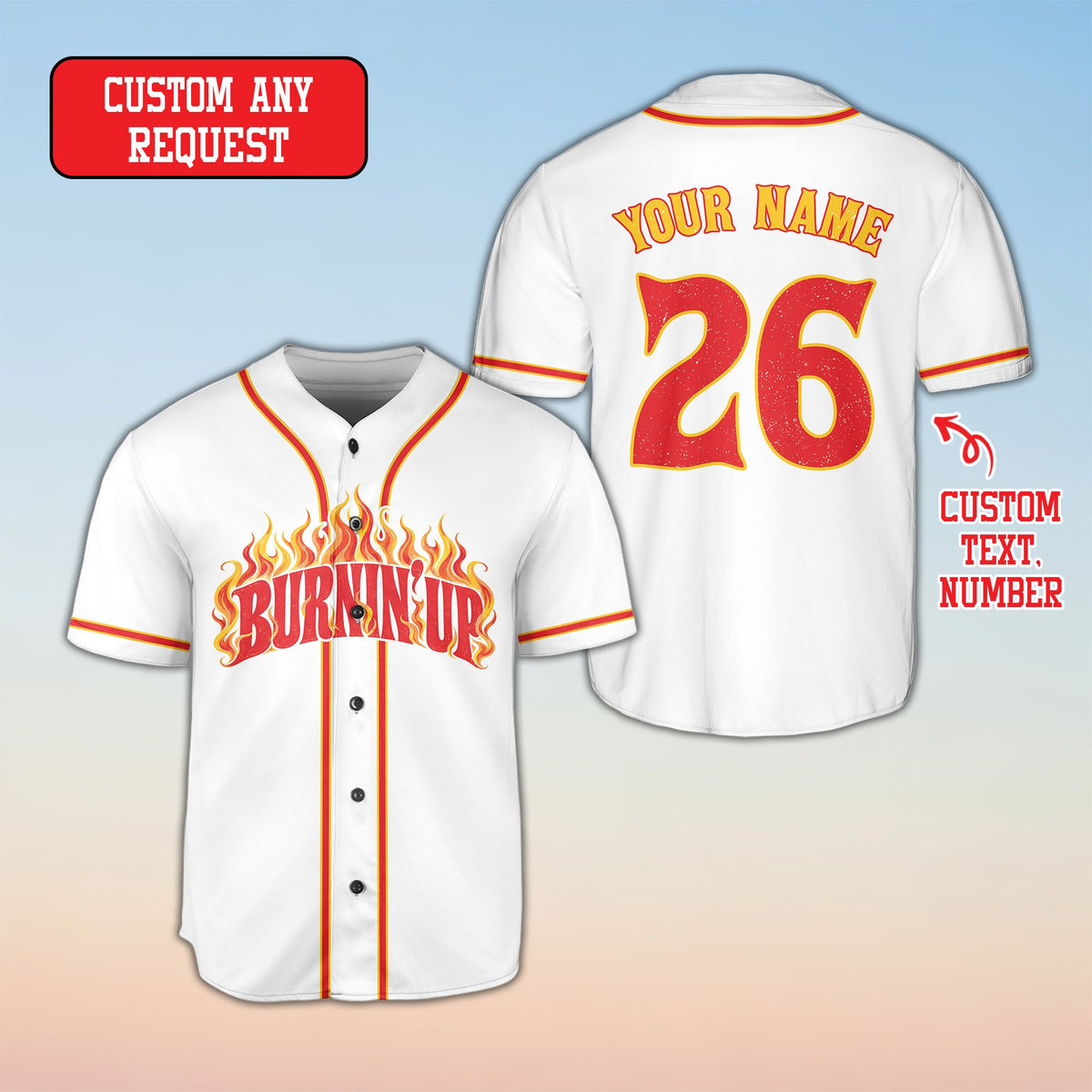 White flame personalized baseball jersey front display