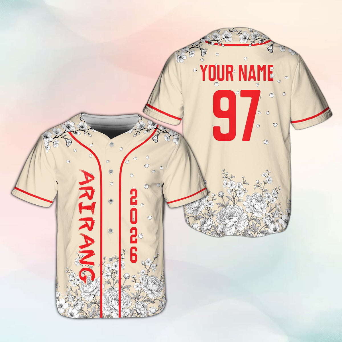 Personalized beige floral baseball jersey, front view