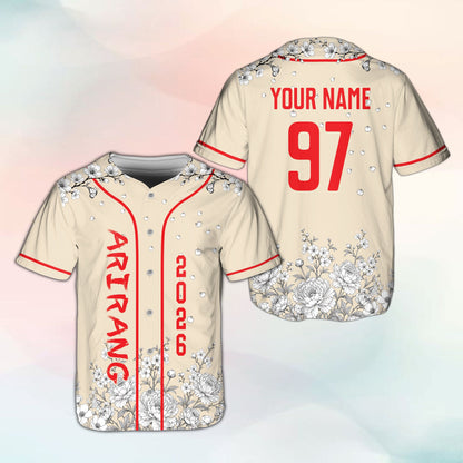 Personalized beige floral baseball jersey, front view