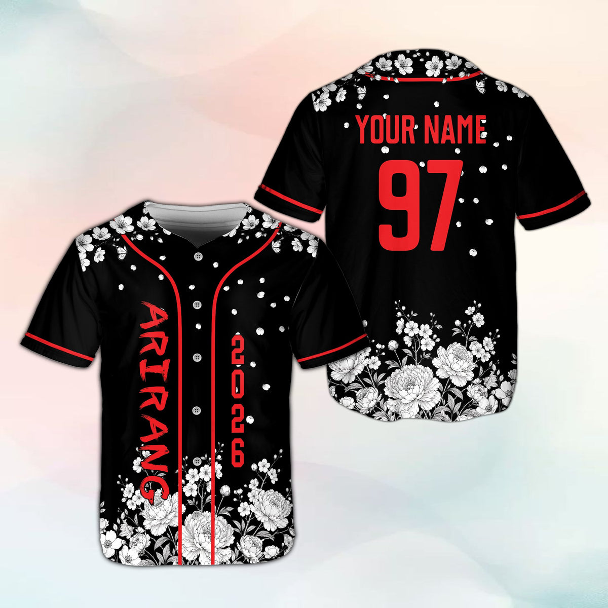 Black floral baseball jersey with custom name and number, main view