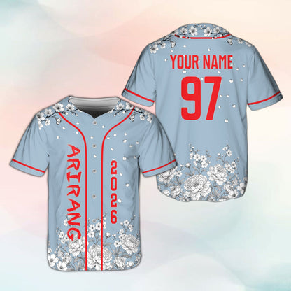 Personalized blue floral baseball jersey, front view