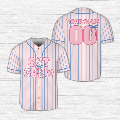 Pink personalized baseball jersey with custom details