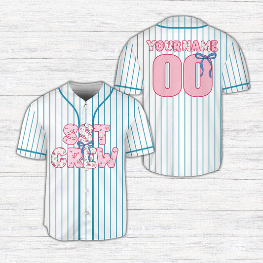 White floral crew baseball jersey front view with personalized details