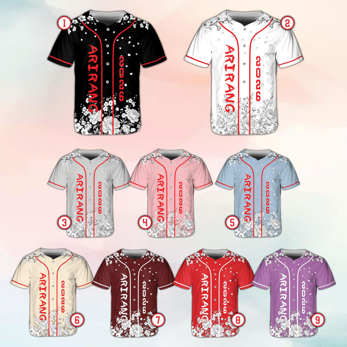 Personalized black floral baseball jersey, front view