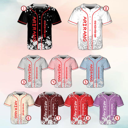 Personalized black floral baseball jersey, front view