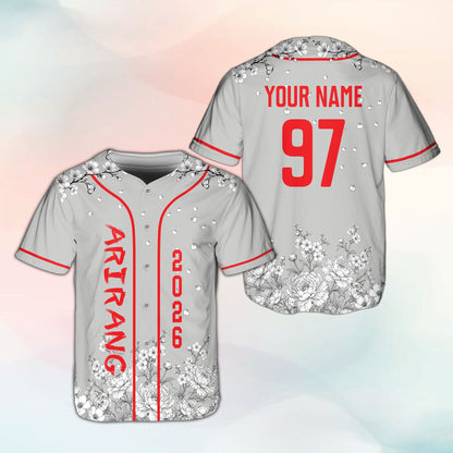 Personalized gray floral baseball jersey, front view