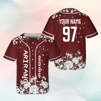 Personalized maroon floral baseball jersey, front view