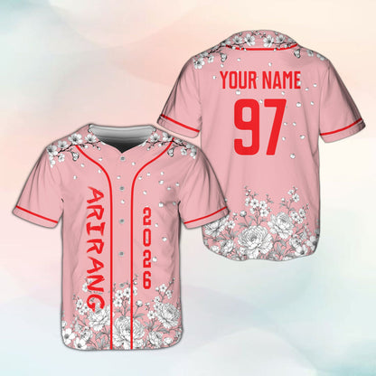 Personalized pink floral baseball jersey, front view