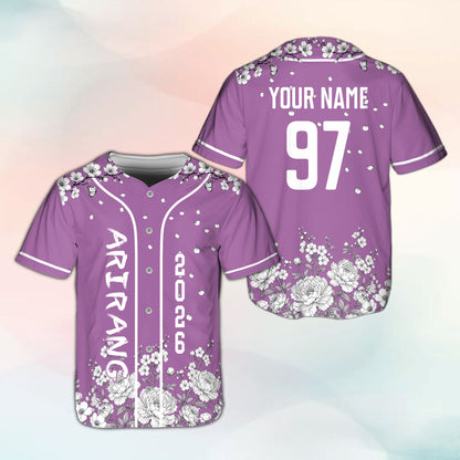 Personalized purple floral baseball jersey, front view