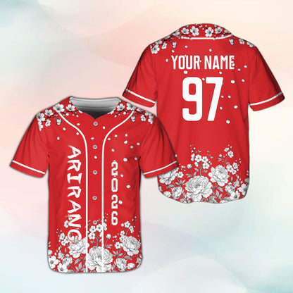 Personalized red floral baseball jersey, front view