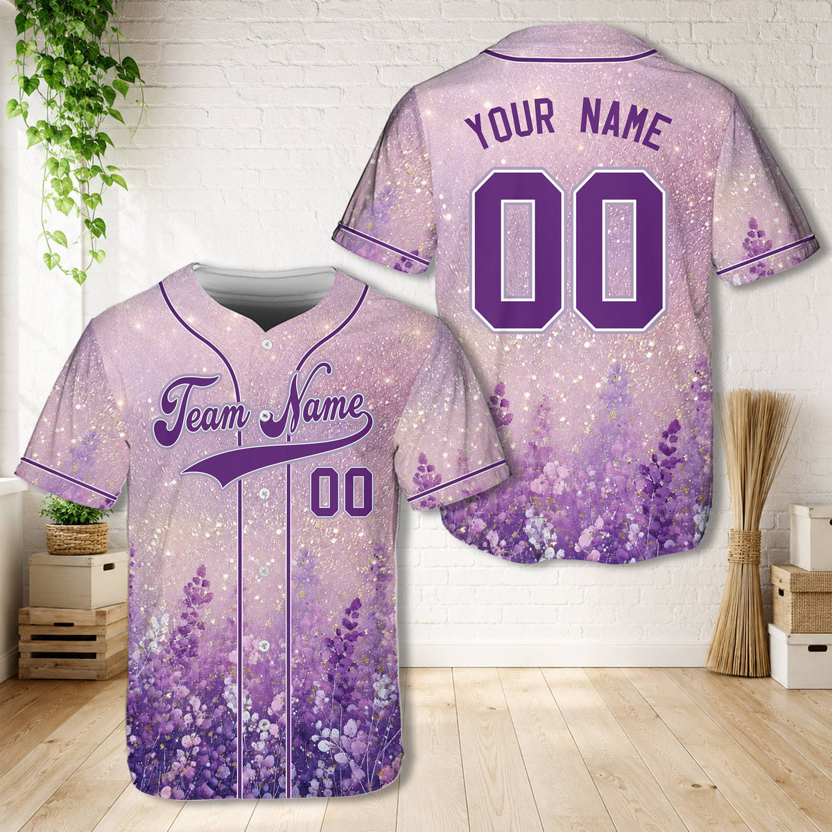 Front view of the floral sparkle baseball jersey in purple with custom text