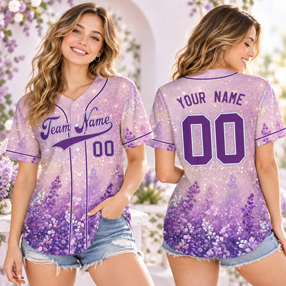 Lifestyle view of a person wearing the personalized baseball jersey with a purple floral design
