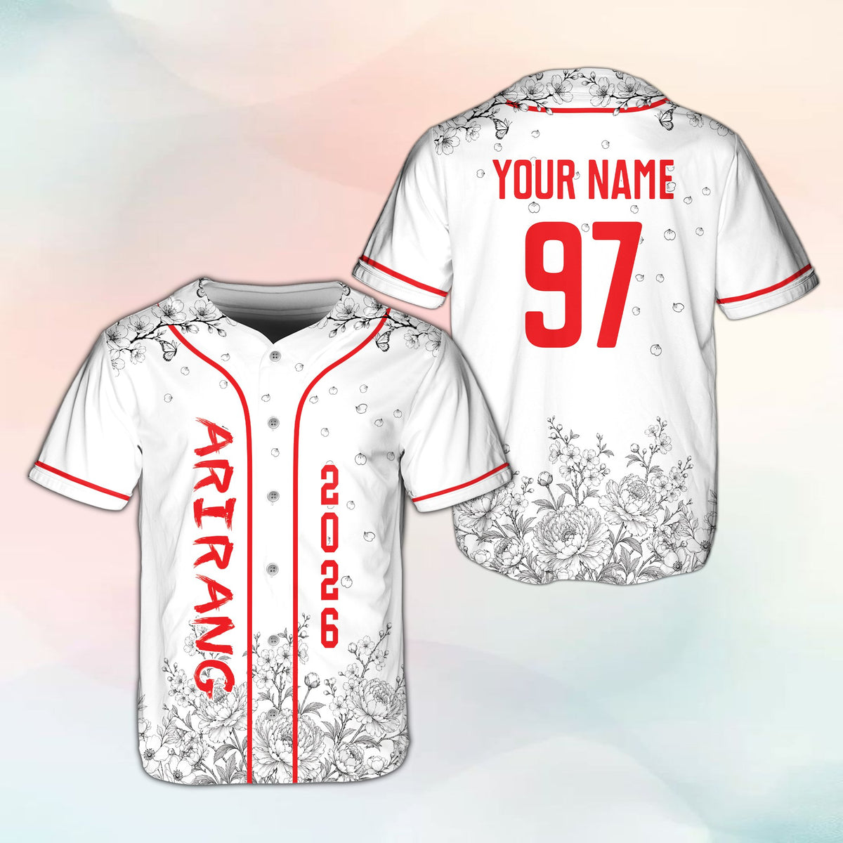 Personalized white floral baseball jersey, front view
