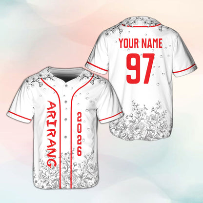 Personalized white floral baseball jersey, front view