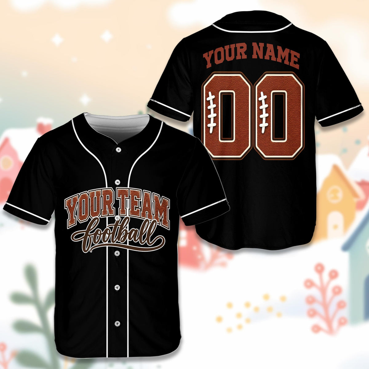 Black football baseball jersey with distressed leather graphics, front view
