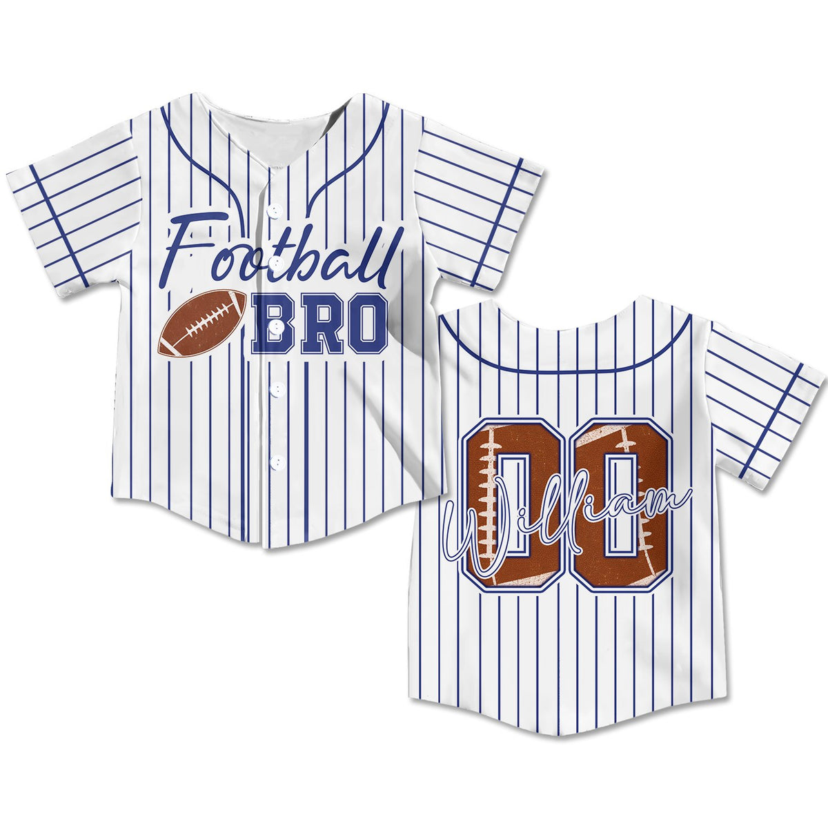 Main view of the personalized white football baseball jersey with blue pinstripes and family text