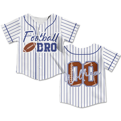 Main view of the personalized white football baseball jersey with blue pinstripes and family text