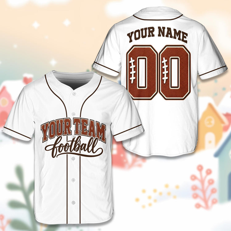 White football baseball jersey with custom name and number, front view