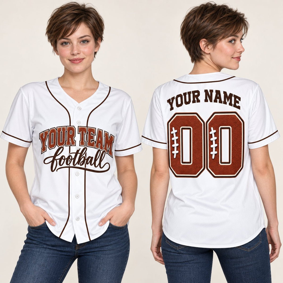 Lifestyle view of a personalized football baseball jersey in white