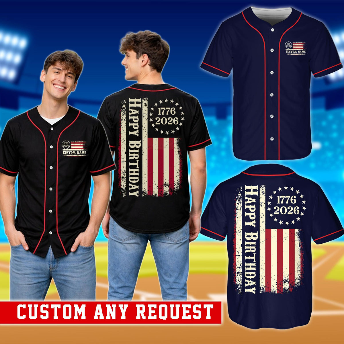 Lifestyle view of an adult wearing the custom name and number baseball jersey in black