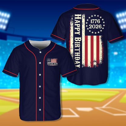 Front view of the personalized baseball jersey in navy blue with distressed flag graphic